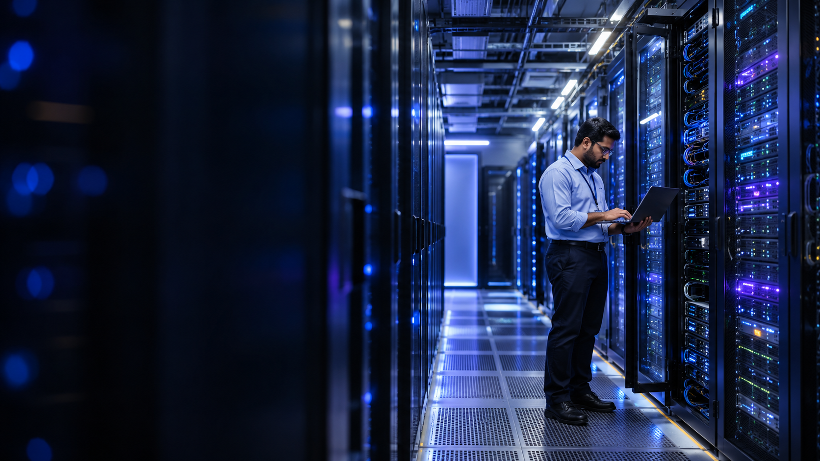 Technician working in SwayamHost data-center infrastructure