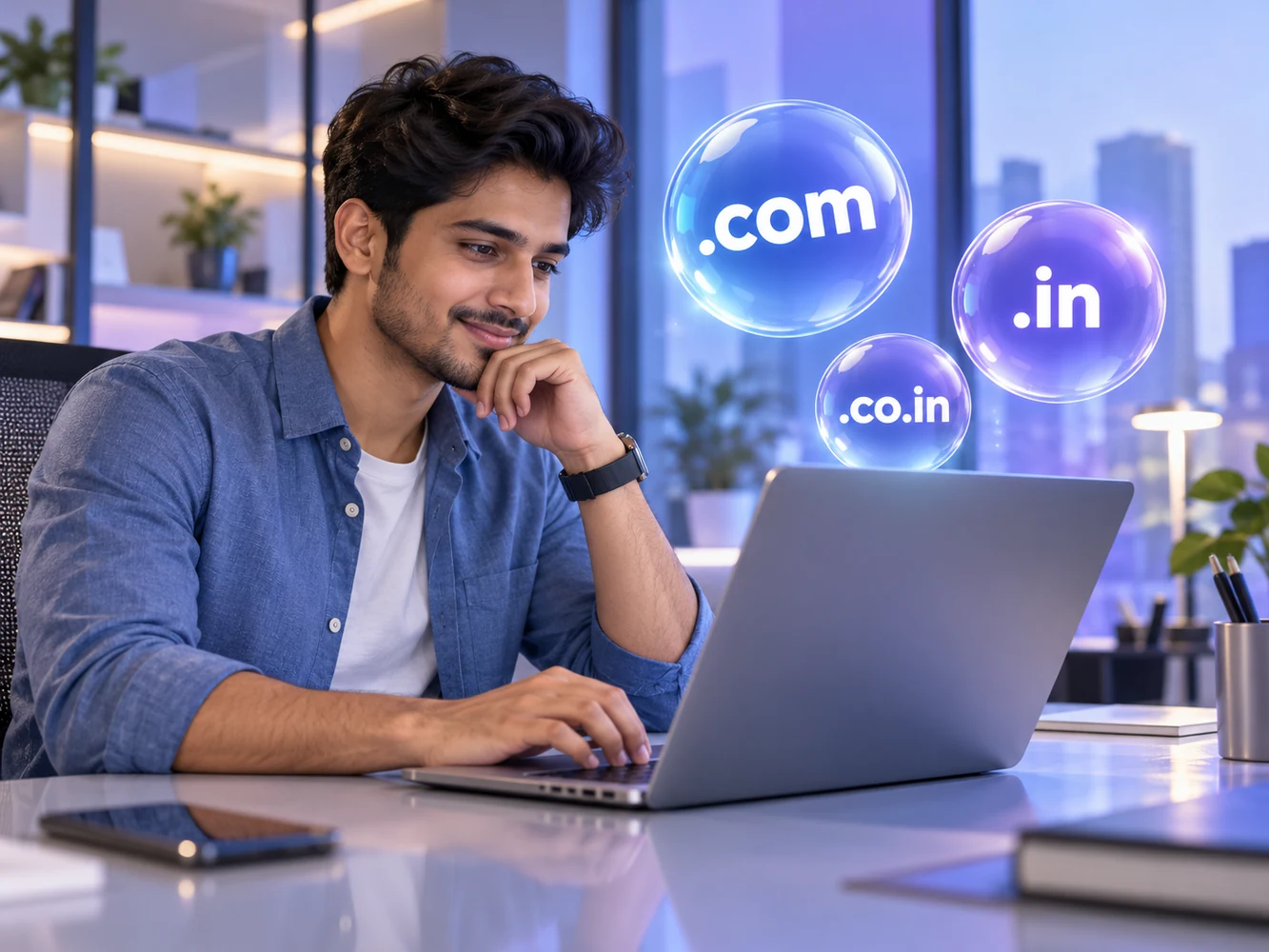 Business owner choosing a domain with .com, .in and .co.in glass bubbles