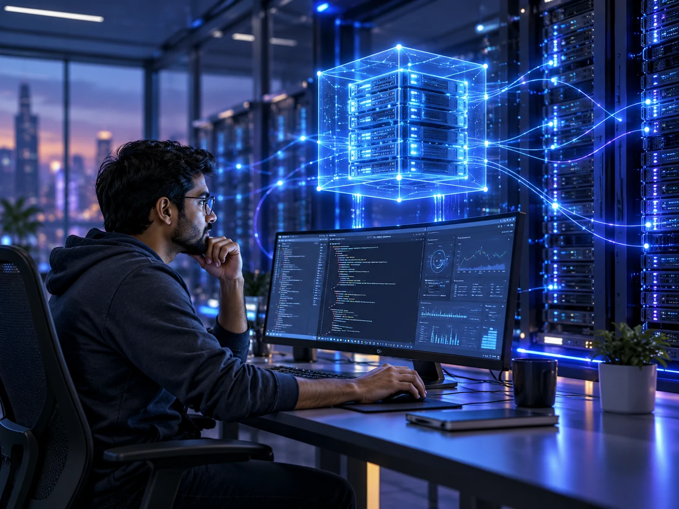 Engineer monitoring a virtual private server in a data center